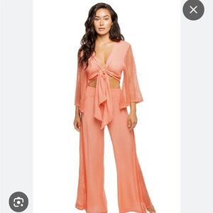 Elan Pink and White Wide Leg crochet Pants Set